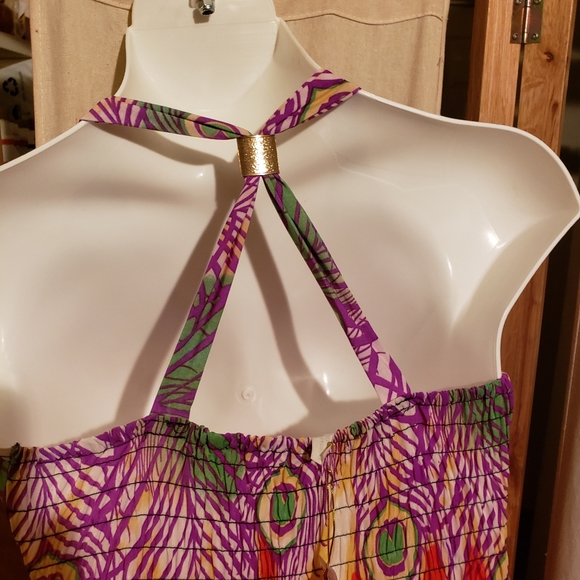 ❤Flowy Orange Peacock Feather Print Maxi Dress - Picture 8 of 8